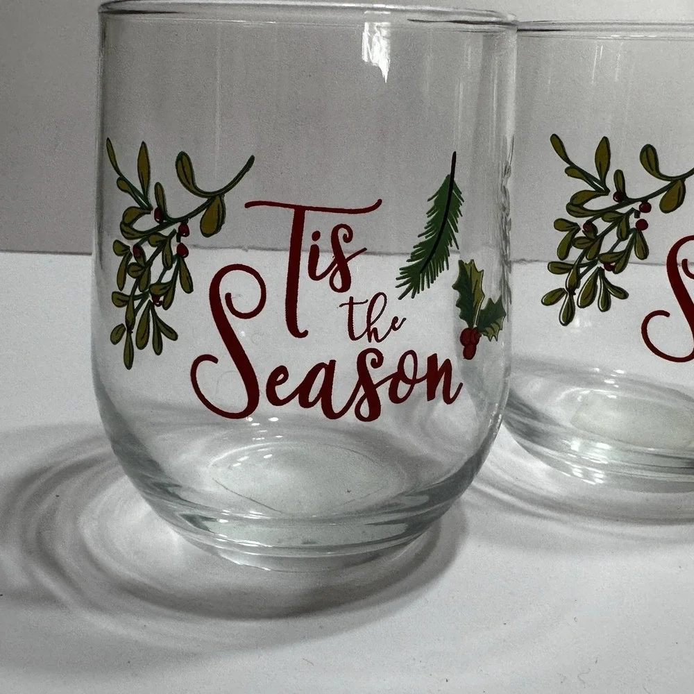 Set 3 Christmas Wine Glass Stemless Hand Painted Holly Berry This The Season New